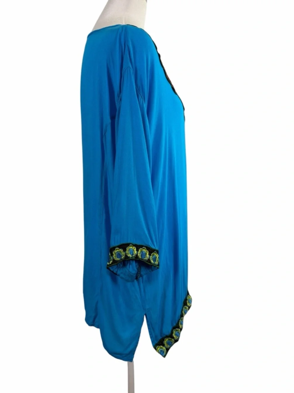 Anji Blue Embroidered Boho Top | Lightweight Flowy Tunic Chic Statement Blouse S